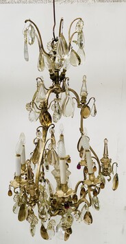 lustre cage monture bronze à pampille neuf bras de lumières . XX siècle.