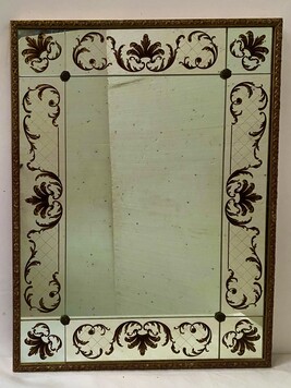 miroir circa1950 verre églomisé décor antique cadre stuc doré . XX siècle .