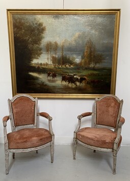 Paire de fauteuils de style Louis XVI en hêtre patiné à l'antique . XIX siècle .