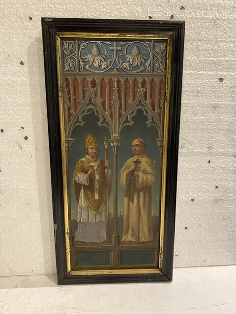 paire de peintures sur bois personnages d'église sur cadre noir . XX siècle .