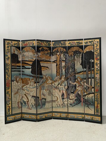 Paravent a six feuilles thèmes la promenade des chiens . XX siècle .