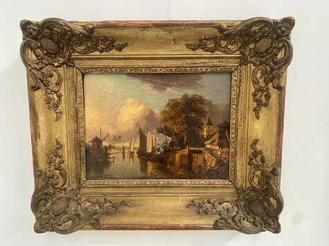 peinture école hollandaise daté 1838 vue canal intérieur de ville . XIX siècle.