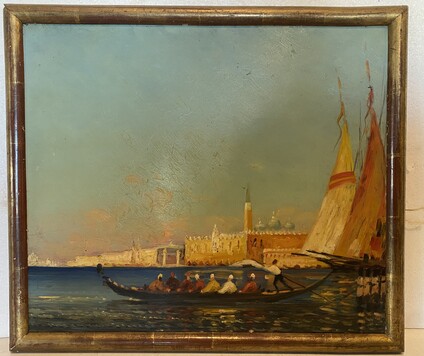 peinture sur bois d'acajou vue de Venise en gondole