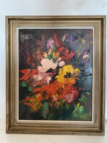 peinture sur isorel signé Mano daté 58 éclat de bouquet de fleurs . XX siècle .