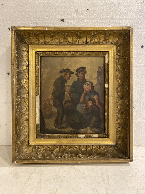 peinture sur toile scène familial cadre en stuc doré . XIX siècle .